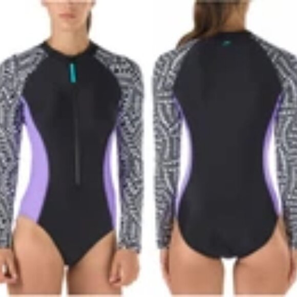 Speedo One Piece Long Sleeve Power Flex Eco Swimsuit Rash Guard size Small - Picture 2 of 11